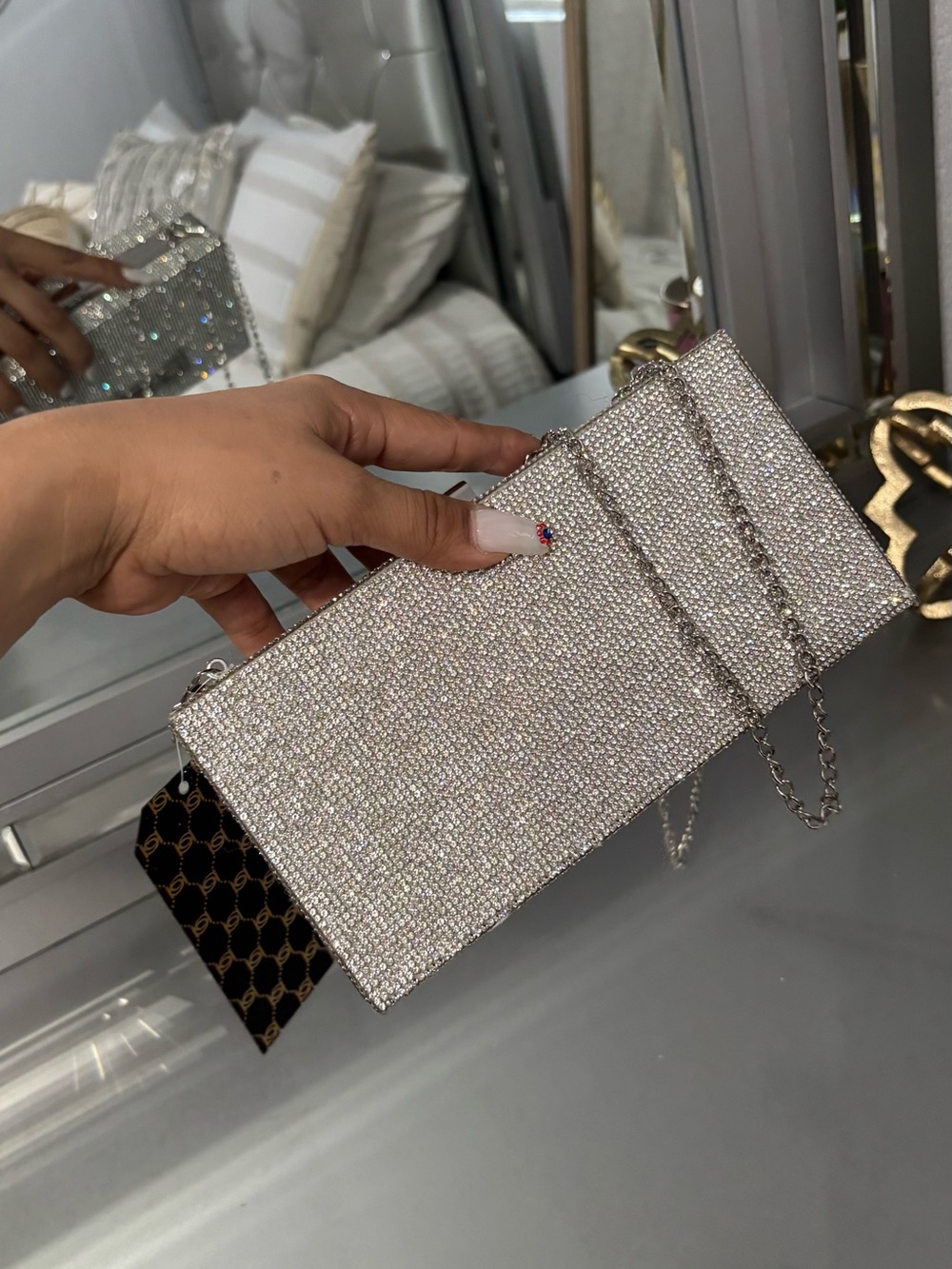 BEBE Silver Crystal Logo Evening Clutch - Picture 3 of 9